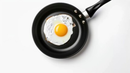 top view frying pan with fried egg isolated white background
