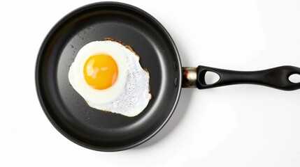 top view frying pan with fried egg isolated white background