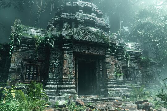 An ancient temple lost in the jungle. The temple's interior is a labyrinth of passageways and chambers, inviting exploration and discovery at every turn.