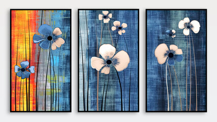 Set of three  abstract posters with flowers on grunge background. Blue, orange, gray colors
