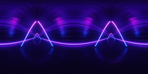HDRI. Glowing neon lines. Full spherical panorama 360 degrees. Reflections on ground, lights, abstract vintage retro background, ultraviolet, spectrum vibrant colors, laser show. 3D 