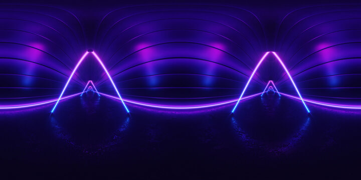 HDRI. Glowing neon lines. Full spherical panorama 360 degrees. Reflections on ground, lights, abstract vintage retro background, ultraviolet, spectrum vibrant colors, laser show. 3D 