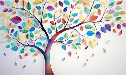 Colorful tree with leaves on hanging branches illustration background, 3d abstraction wallpaper for interior mural wall art decor, Floral tree with multicolor leaves, Generative AI