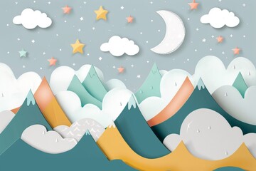 hand drawn modern mountain landscape with stars, clouds and moon. Cute children's 3d wallpaper in scandinavian style. Children's room design, Generative AI