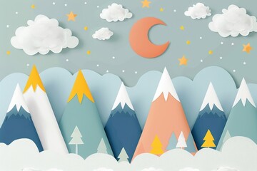 Fototapeta na wymiar hand drawn modern mountain landscape with stars, clouds and moon. Cute children's 3d wallpaper in scandinavian style. Children's room design, Generative AI