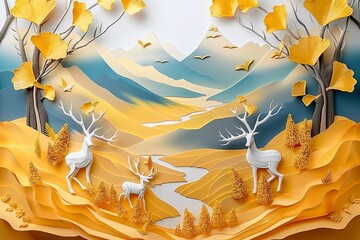 Three-dimensional wall mural featuring golden ginko leaves, mountains, and deer on a bright backdrop. Ideal for wall framing. Generative AI