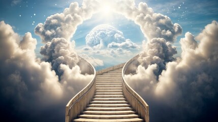 Conceptual image of stairs leading to heaven with clouds and sun