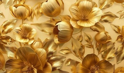4K golden floral background, abstract vintage flower design, mural art, gold nature, 3D illustration, 3D render, Generative AI