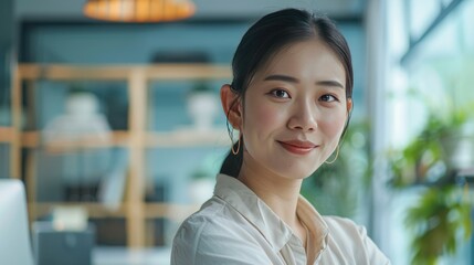 Medium shot of a young Asian businesswoman in her office, visibly relieved and smiling with happiness, 