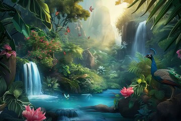 Beautiful Nature Scenery Travel Lovely Place Background with Tropical Leaves, Flowers, Forest Trees, Park, Waterfall, Butterfly and Peacocks. 3d Interior Mural Home Living Room, Generative AI
