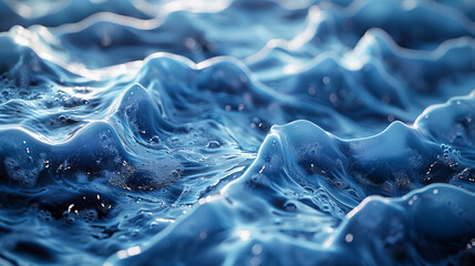 Detailed macro shot of vibrant blue water waves with sparkling bubbles, creating a sense of fluid...