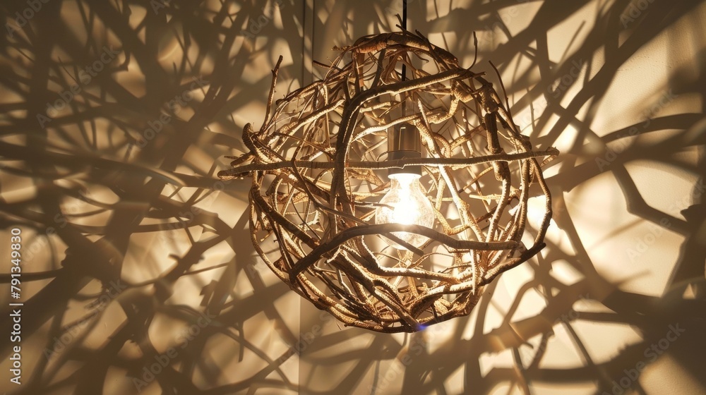 Poster closeup of a unique light fixture crafted from intertwining branches and twigs casting intricate pat