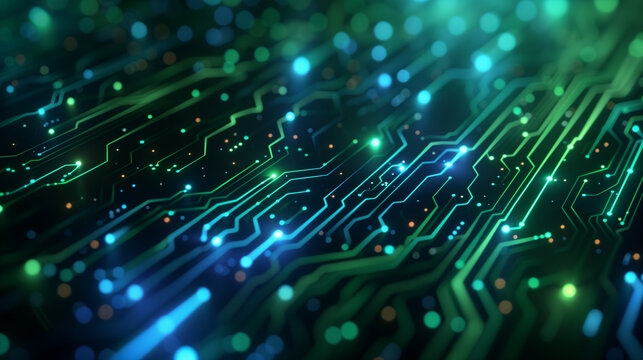 abstract neon circuit board design with glowing blue and green lines on a dark background