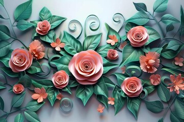 Roses surrounded by leaves and flowers, illustration background. 3d abstraction wallpaper for interior mural wall art decor. Generative AI