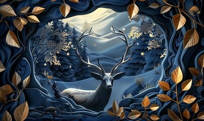 Deer Themed 3D Wallpaper Art in Stylish Dark Blue, Generative AI