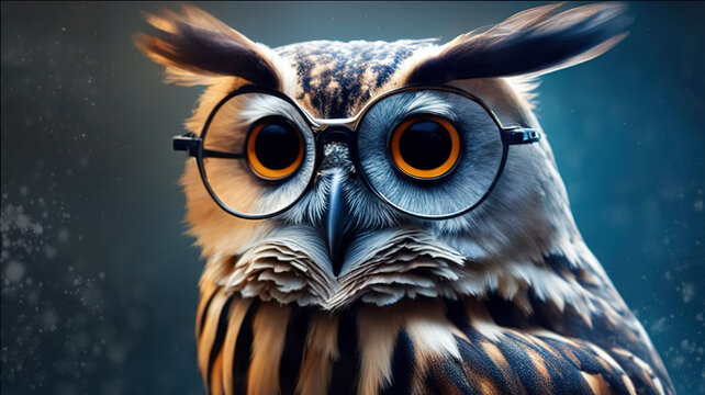 An owl with glasses. Close-up. Horizontal wallpaper for desktop on your computer