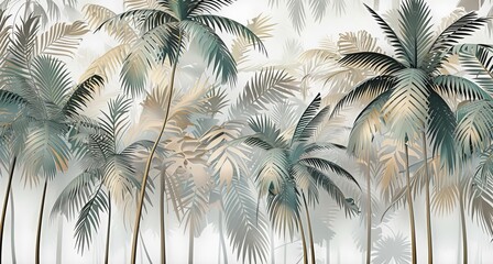 Tropical trees and leaves - 3d wallpaper - wallpaper mural- 3D illustration, Generative AI