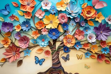 Colorful floral and butterfly mural on 3D tree background: Interior wall art, Generative AI