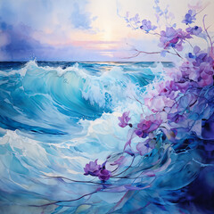 minimalist oil painting spring flowers and ocean