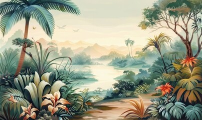Fototapeta na wymiar Tropical Exotic Landscape Wallpaper. Hand Drawn Design. Luxury Wall Mural, Generative AI