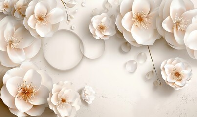 3d classic mural illustration wallpaper background with flowers white circles simple decorative, Generative AI - obrazy, fototapety, plakaty