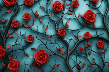 2d texture of branches with red roses and leaves, illustration background. 3d abstraction wallpaper for Interior mural painting wall art decor. Generative AI