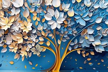 Colorful tree with leaves on hanging branches of blue, white and golden illustration background. 3d abstraction wallpaper for interior mural wall art decor. floral tree with multicolor, Generative AI