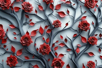 2d texture of branches with red roses and leaves, illustration background. 3d abstraction wallpaper for Interior mural painting wall art decor. Generative AI