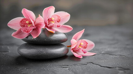Three pink flowers are placed on top of two large rocks