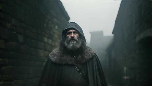 Beggar man. Fantasy medieval background. The concept of medieval history, life and culture. Ai-generated.