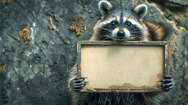 A raccoon holding a blank frame