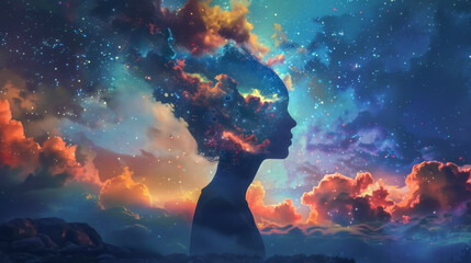 woman head silhouette with abstract colorful clouds and smoke inside as symbolizes dreams and positive thinking