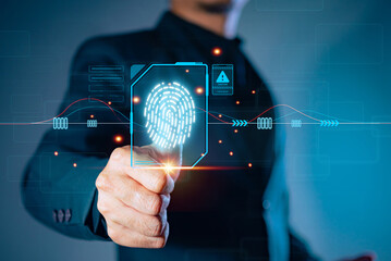 Cyber security concept Fingerprint scanning prevents access, security and identity of big data...