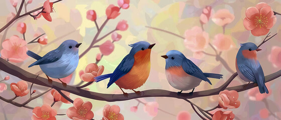 Whimsical birds singing on blooming branches