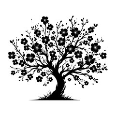 Night's Blossom: Black Vector Cherry Tree Silhouette, Nature's Beauty Unveiled Under Moon's Gaze- Cherry Tree Illustration-Cherry Tree Vector Stock.