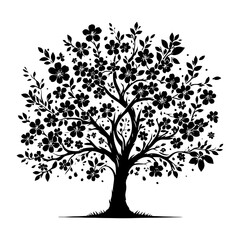 Night's Blossom: Black Vector Cherry Tree Silhouette, Nature's Beauty Unveiled Under Moon's Gaze- Cherry Tree Illustration-Cherry Tree Vector Stock.