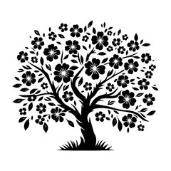 Obraz premium Night's Blossom: Black Vector Cherry Tree Silhouette, Nature's Beauty Unveiled Under Moon's Gaze- Cherry Tree Illustration-Cherry Tree Vector Stock.