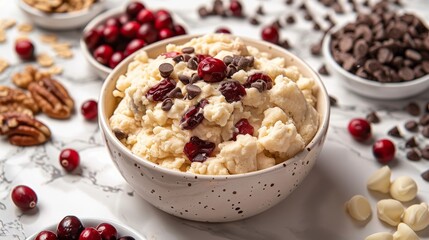 A bowl of cookie dough with nuts and cranberries on top