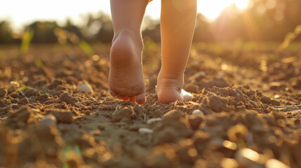 Kid feet walking on the ground close to nature and environmental education - Powered by Adobe
