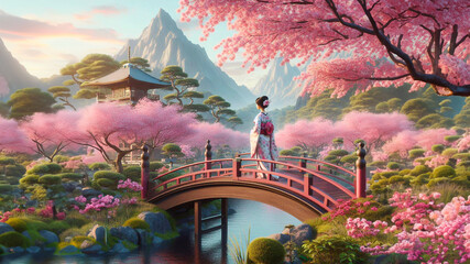 Charming Japanese woman stands on a bridge in a Japanese spring forest garden with a pink tree and a pond.