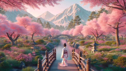 Charming Japanese woman stands on a bridge in a Japanese spring forest garden with a pink tree and a pond.