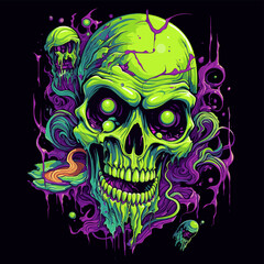 Psychedelic zombie skull design tshirt design vector