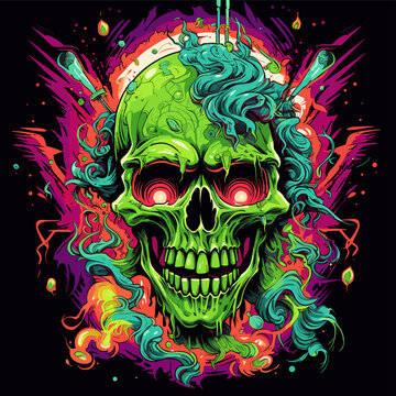 Psychedelic zombie skull design tshirt design vector