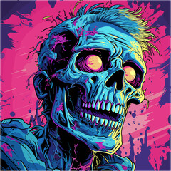 Psychedelic zombie skull design tshirt design vector