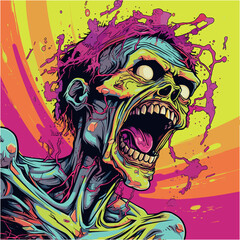 Psychedelic zombie skull design tshirt design vector