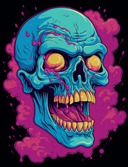 Psychedelic zombie skull design tshirt design vector
