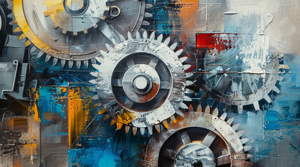 Abstract painting of interlocking gears and cogs, symbolizing the interconnectedness in the machine building business.