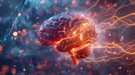 Human brain digital illustration. Electrical activity, generative ai