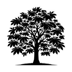 : Black Vector Chestnut Tree Silhouette, Nature's Watchful Sentry Amidst Evening's Embrace- Chestnut Illustration- Chestnut Vector Stock.