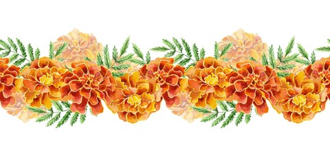 Marigolds, seamless border. Hand drawn watercolor illustration of flowers on white background. For cards, invitations, labels, Mexican Day of the Dead